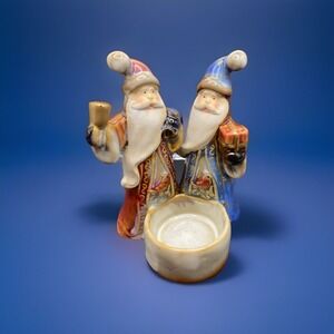 Two Santas Ceramic Christmas Tea Light Candle Holder 5" Vintage